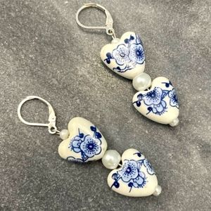 Ceramic Heart White Blue Pearl Earrings 💙✨️😍